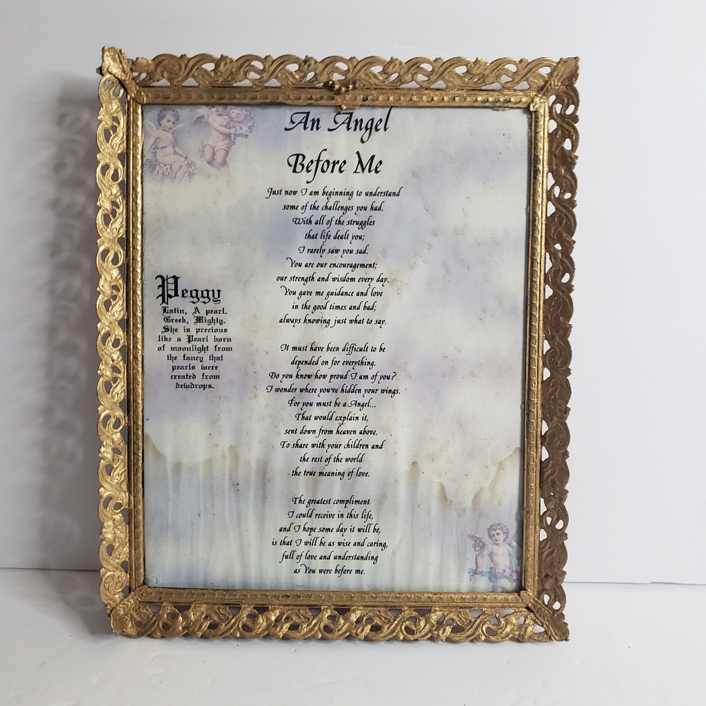 Framed sentimental poem titled "An Angel Before Me," 222